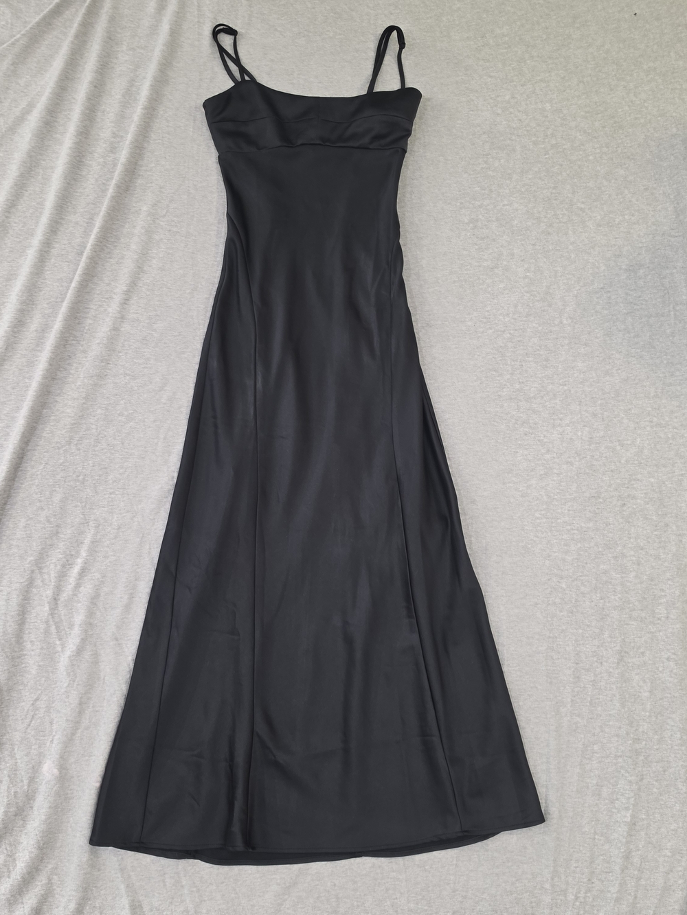 Black Satin Slip Maxi Dress with Spaghetti Straps - Picture 3 of 10